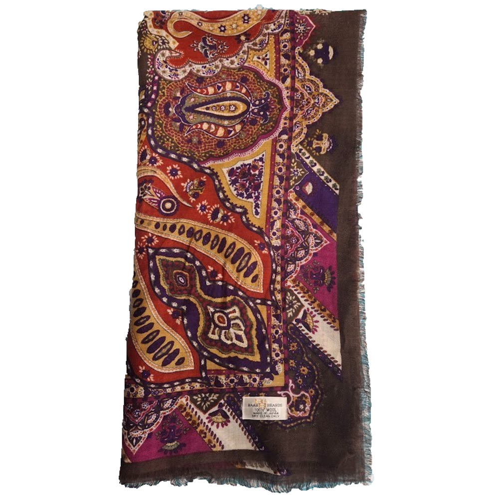 Vintage Wool Paisley Scarf Brown Boho Square Baar and Beards Japan 1970s - Picture 3 of 12